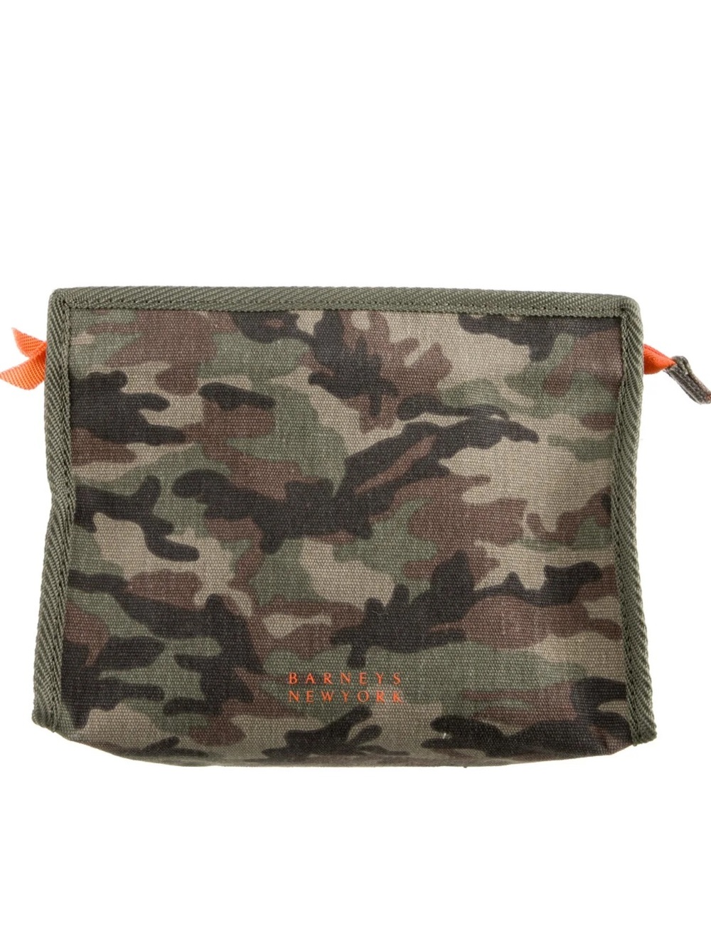 Barneys New York Olive Green Camo Canvas Toiletry Pouch with Orange Pull